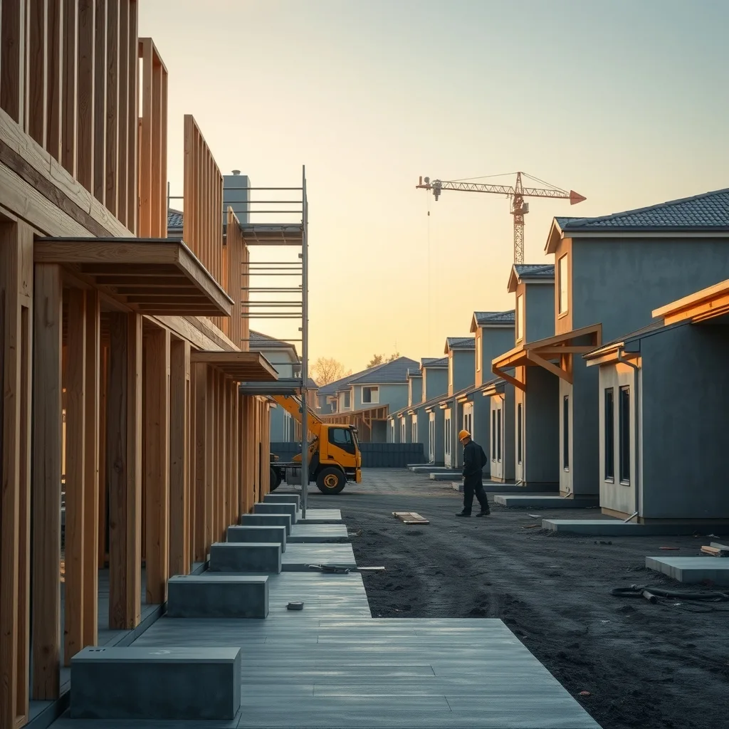 Timber-framed houses under construction in an outer-suburban Australian housing estate.