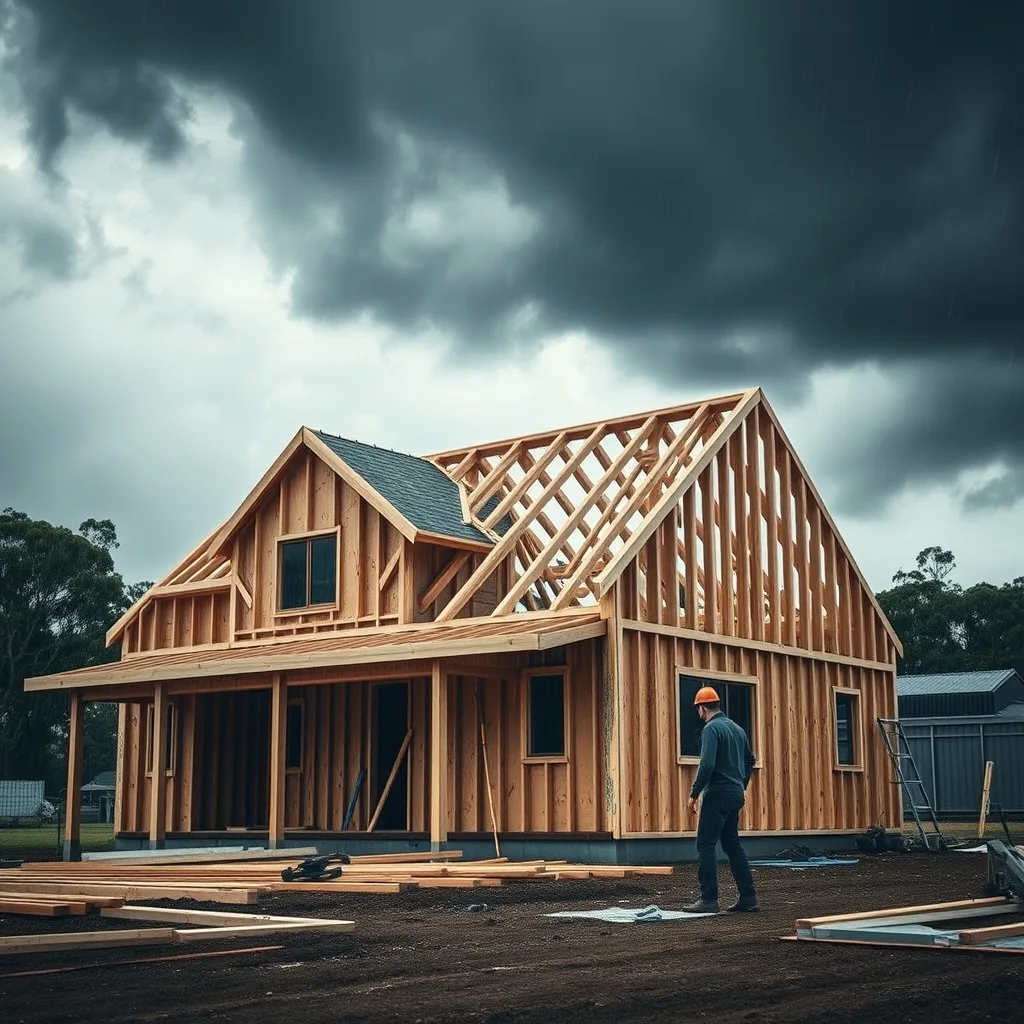 A timber-framed house under construction in heavy rain and strong wind beneath dark storm clouds.
