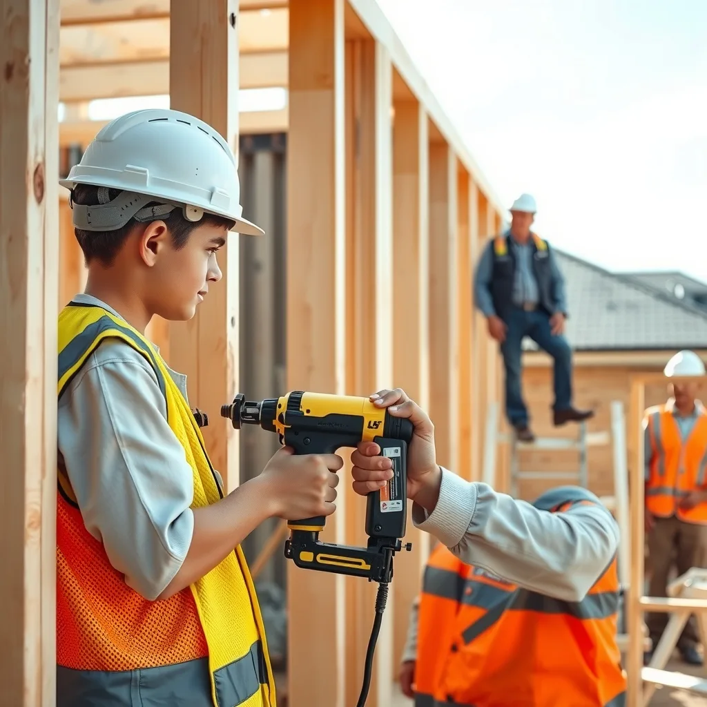 An apprentice carpenter using a nail gun on wall framing while a supervisor looks on