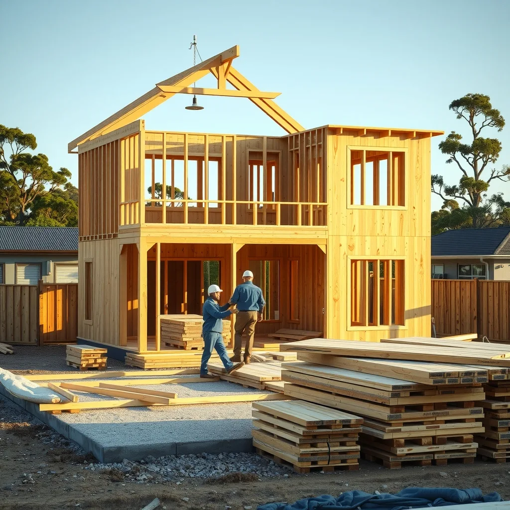 Two carpenters working on a partly framed timber house on an Australian suburban building site