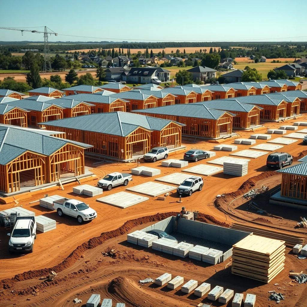 Rows of part-built houses on an Australian greenfield housing estate