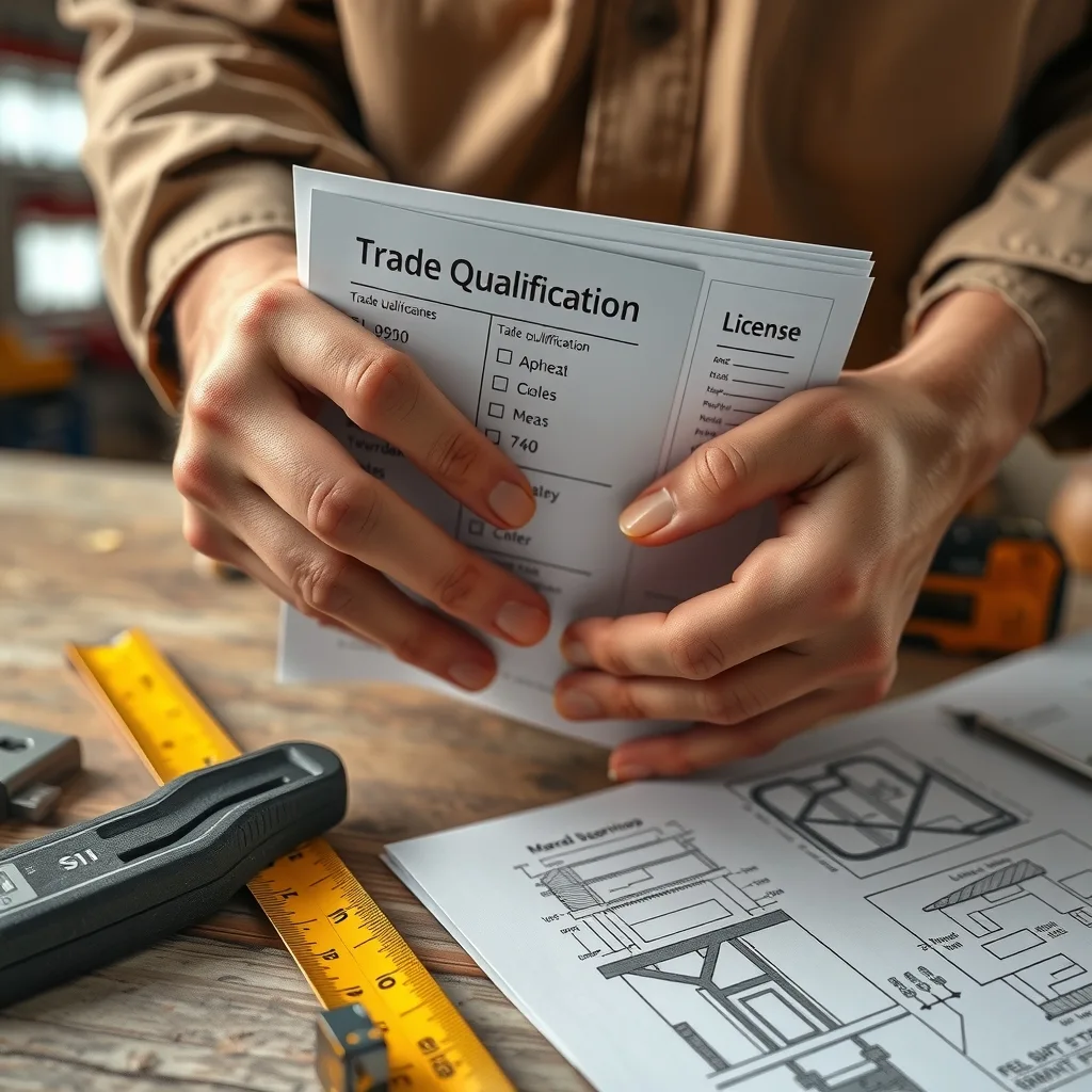 Trade qualification paperwork and a licence card on a workbench