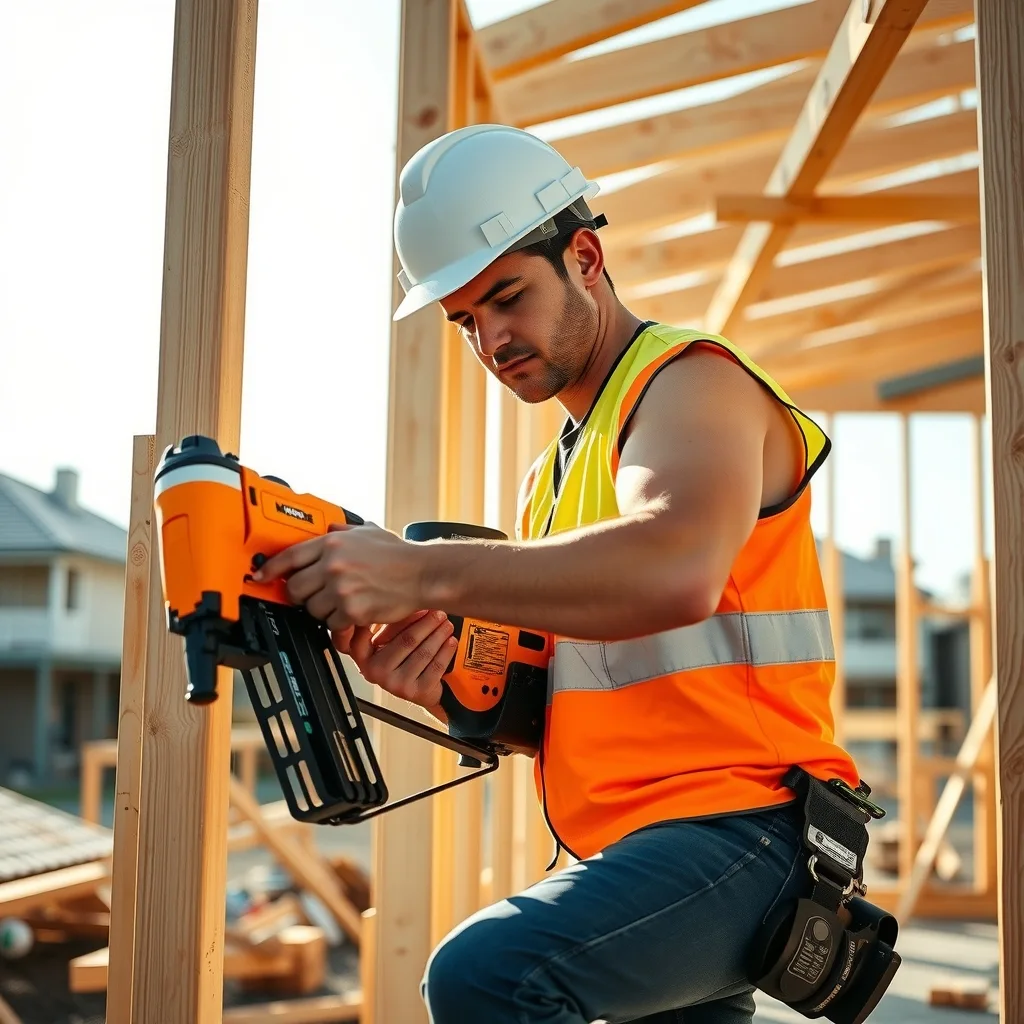 Apprentice carpenter fixing a timber wall frame on a suburban Australian housing site