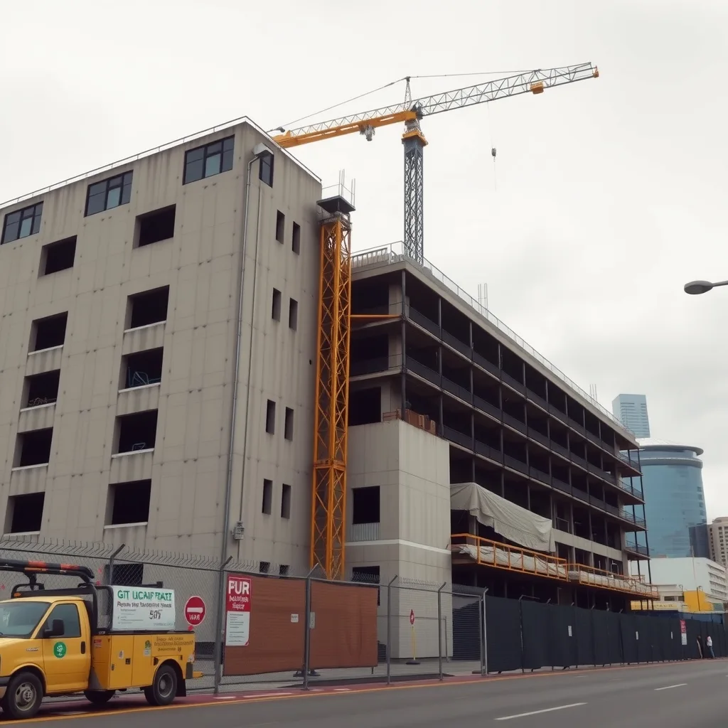 An idle tower crane above a partly built concrete structure on a quiet commercial construction site