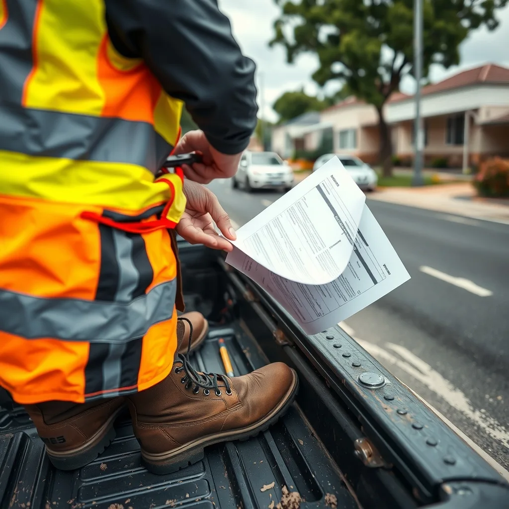 A tradie in hi-vis reading contract paperwork on the tailgate of a ute