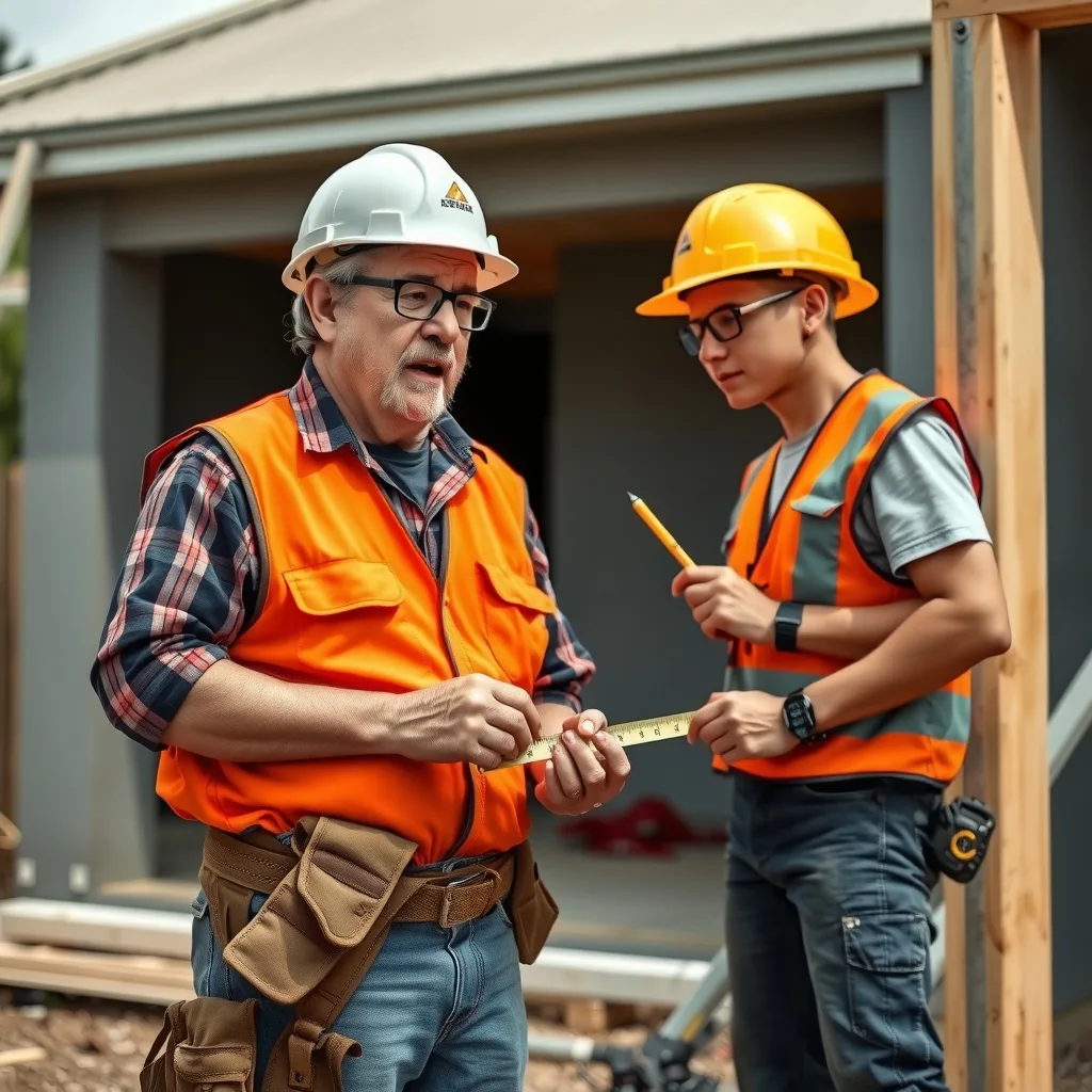 An older tradesman showing a young apprentice how to set out a wall frame on site