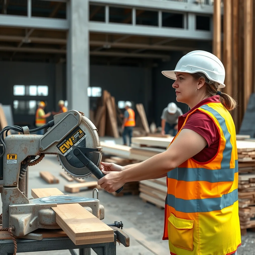 A female carpenter using a drop saw on a commercial construction site