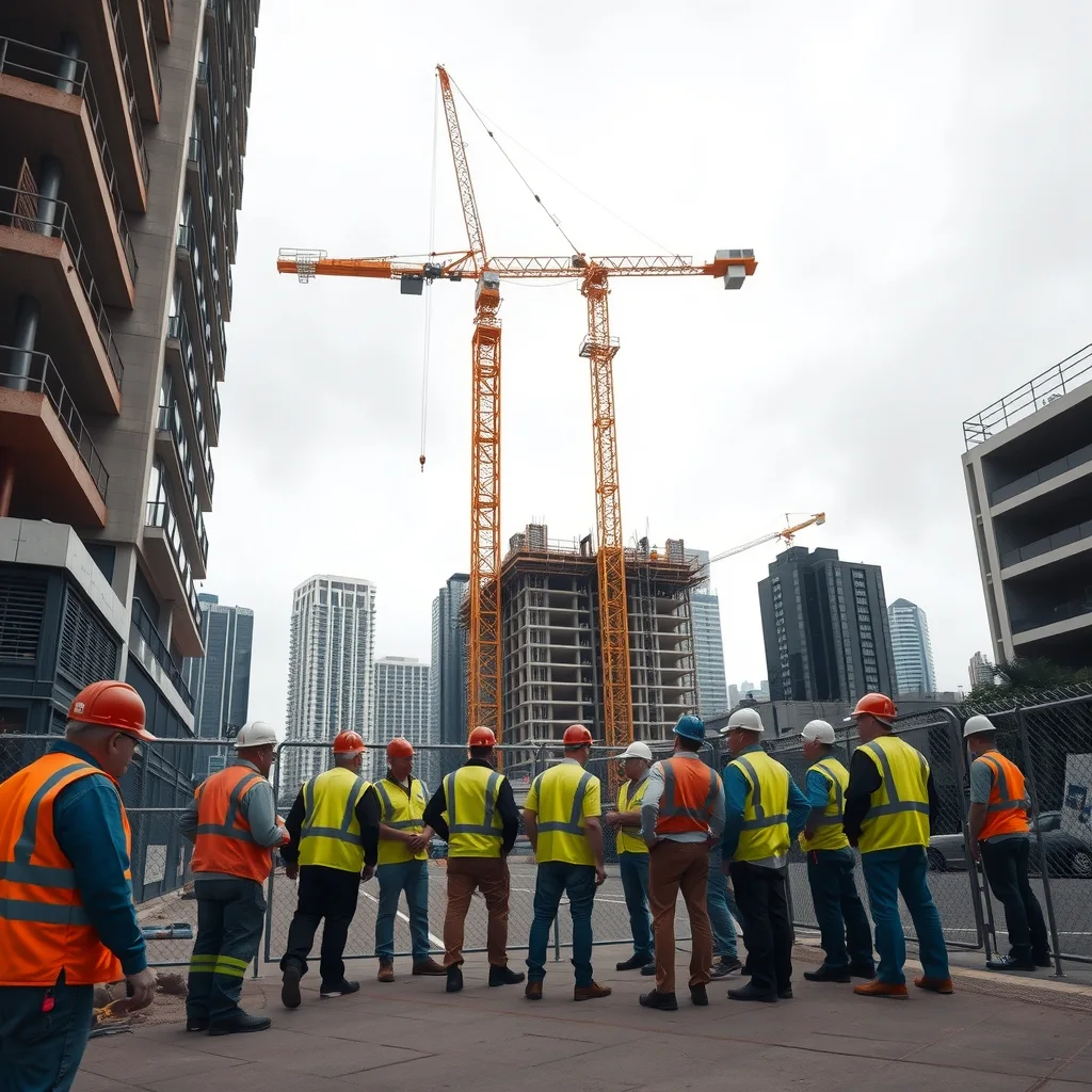 Construction workers in hi-vis gathering for a pre-start meeting at a city high-rise site