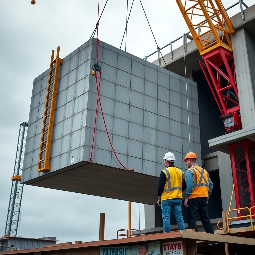 Two riggers guiding a precast concrete panel into place under a crane on a construction site