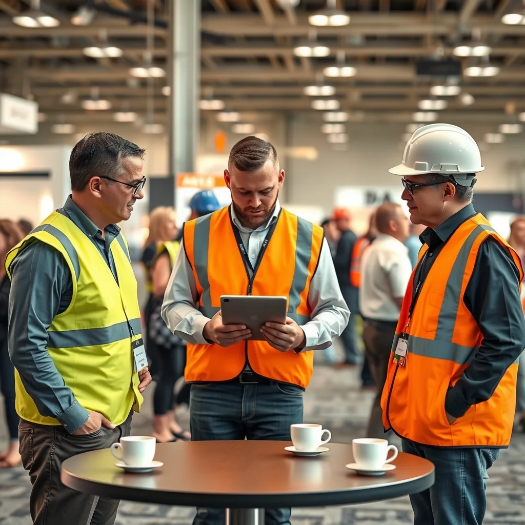 Three people in high-vis vests talking over a tablet at a standing table in a trade show networking area