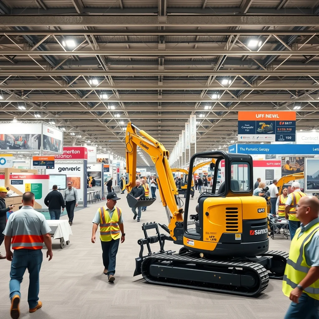 Attendees in work shirts walking the aisles of a construction trade show inside a large convention centre hall