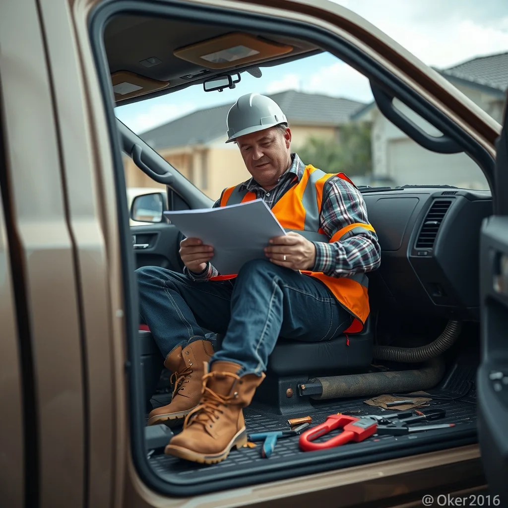 A tradie in hi-vis checking invoices on a clipboard in the cab of a ute
