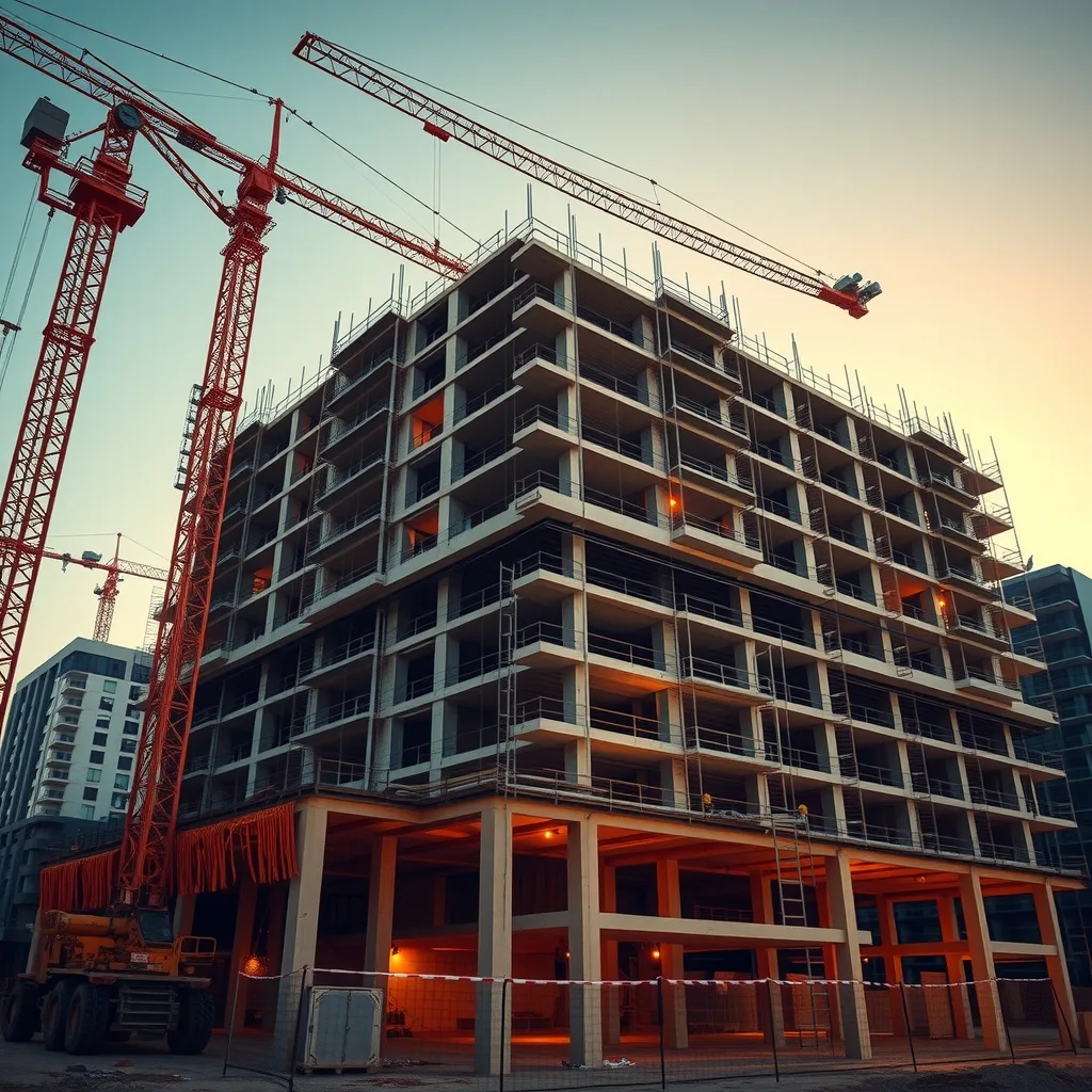 A partly built apartment block with a tower crane above it at dusk