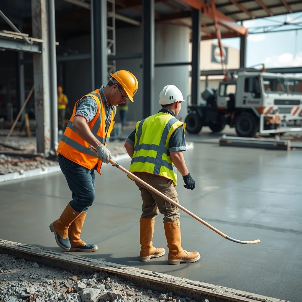 Concreters screeding a freshly poured industrial warehouse slab