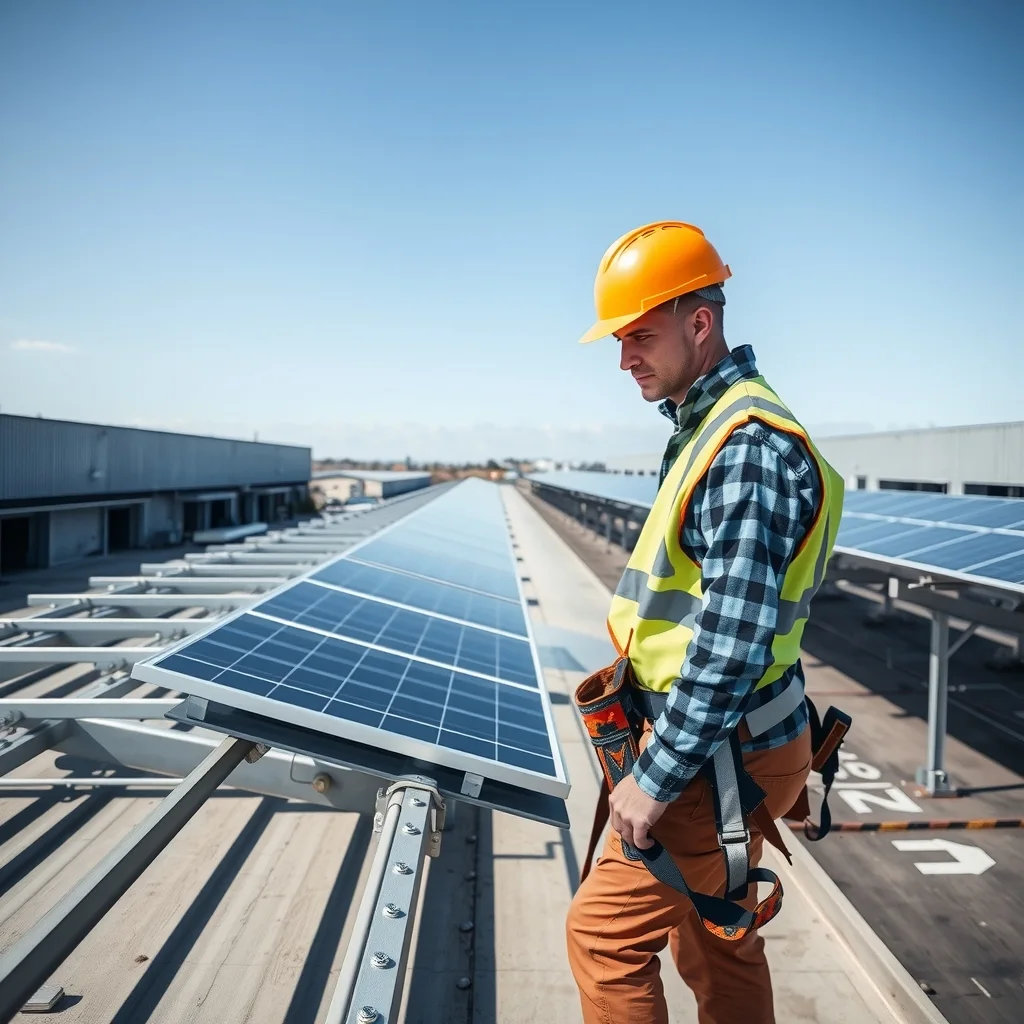 A worker installing solar panel mounting rails on a large warehouse roof