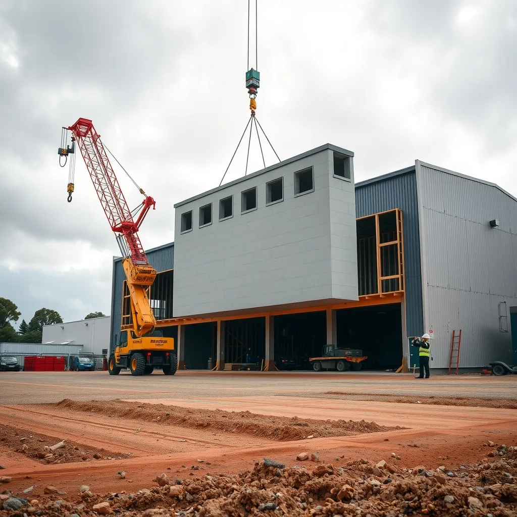 A crane lifting a precast concrete panel into place on a large warehouse construction site