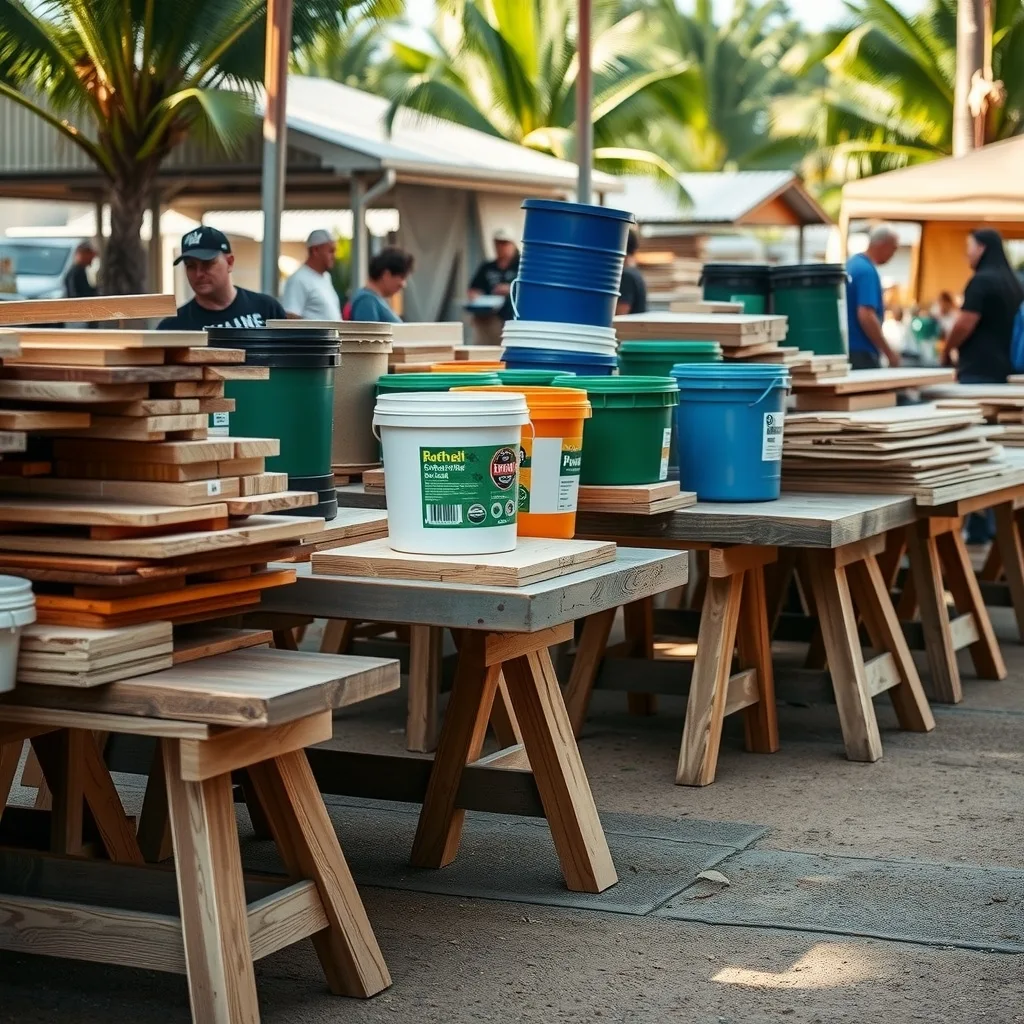 Reclaimed timber, drums and packaging laid out on trestle tables at a community swap event