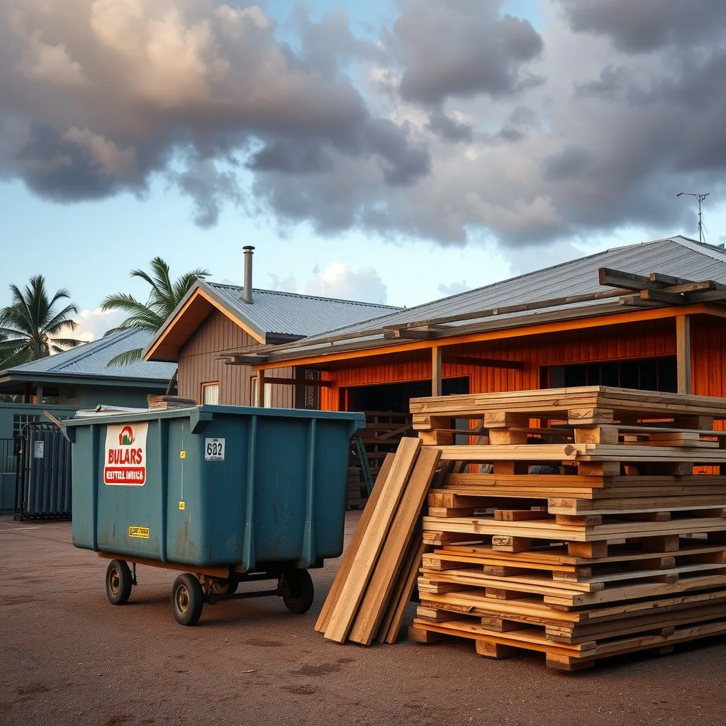 Timber offcuts and pallets stacked beside a skip bin on a northern Australian building site
