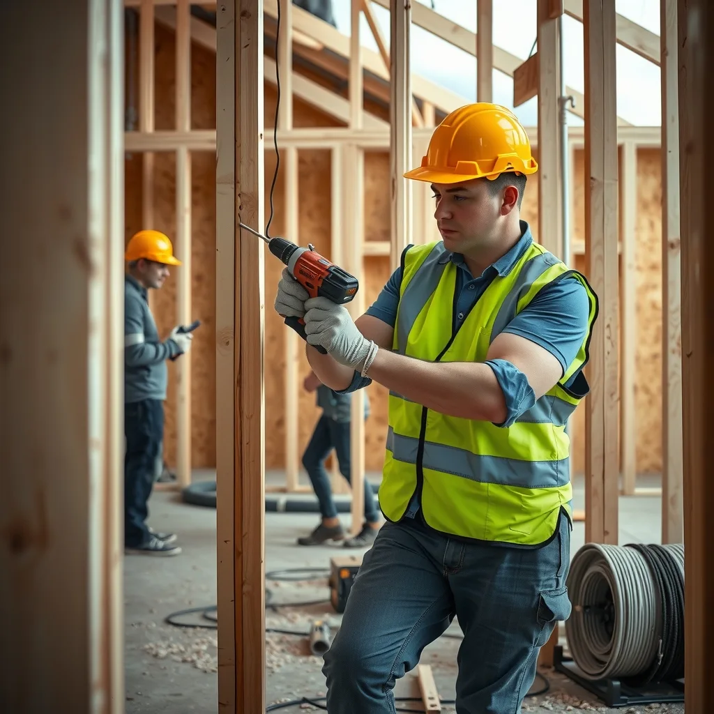 An apprentice electrician pulling cable through the timber frame of a new house