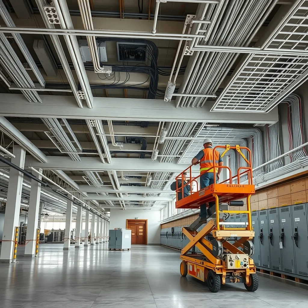 Electricians installing overhead cable tray and switchboards in a large commercial building