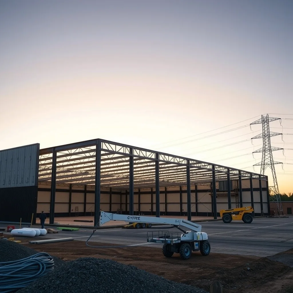 A large industrial building under construction at dusk with transmission towers behind it