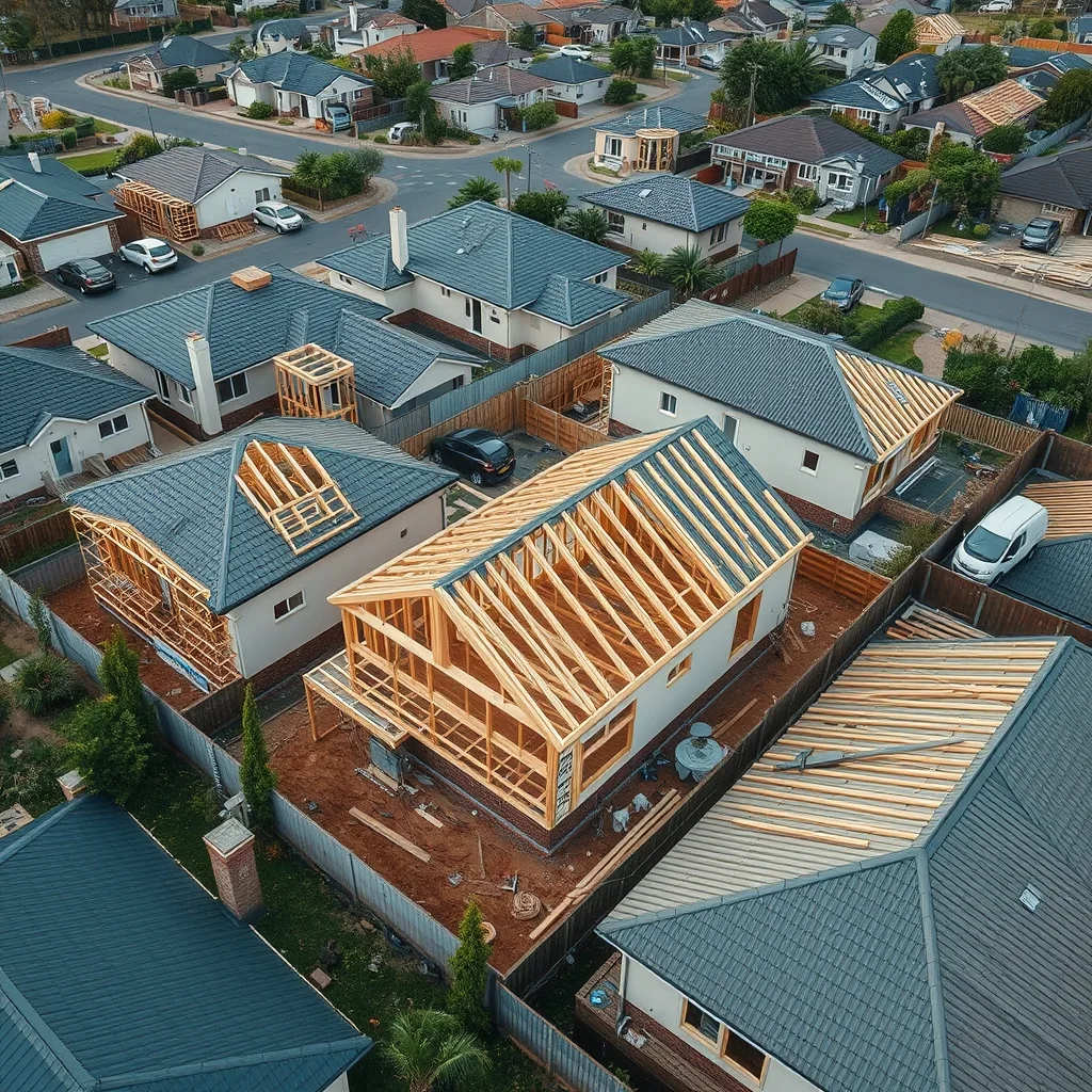 Aerial view of a suburban Australian development showing new detached houses at various stages of timber framing and construction.