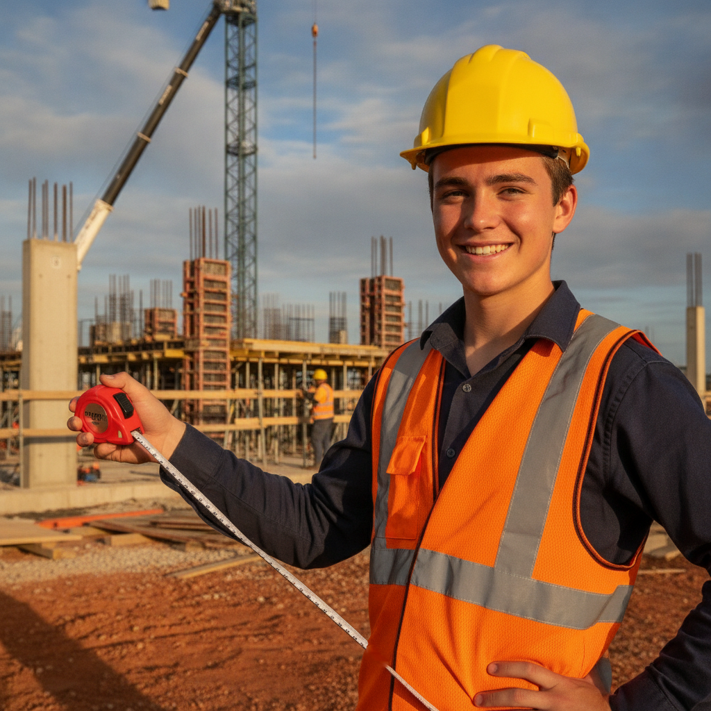 Young Australian apprentice on a construction site holding a measuring tape