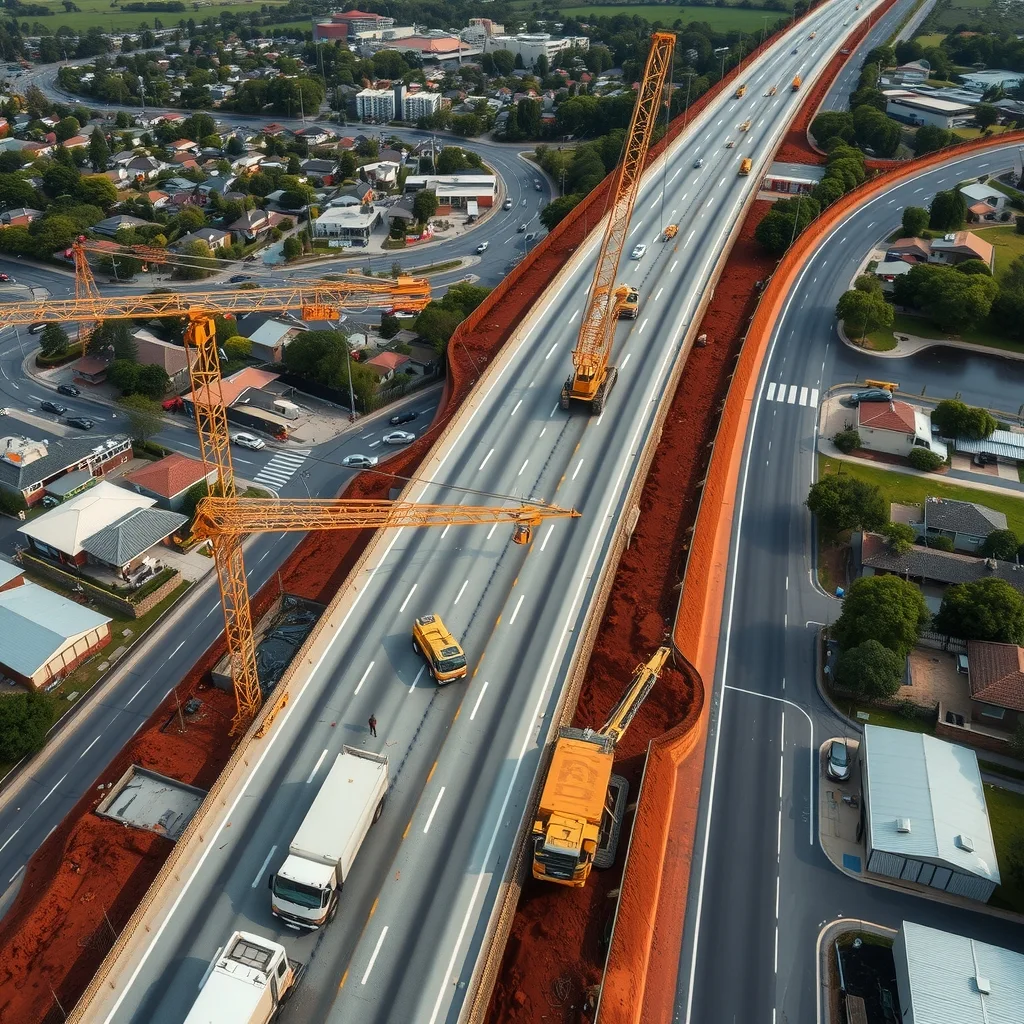 Aerial view of a multi-lane freeway under construction with cranes and earthmoving equipment in suburban Melbourne.