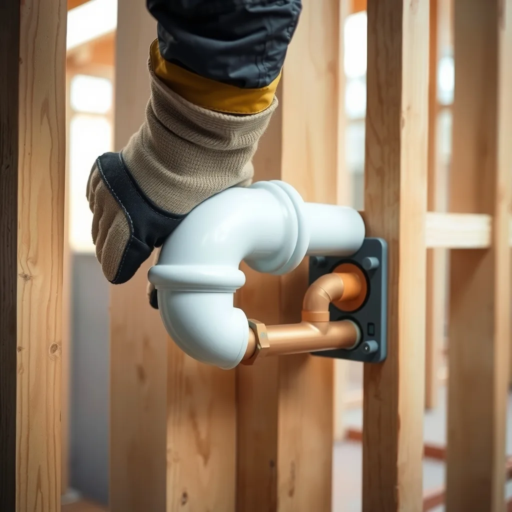 Pipework being installed through timber wall studs on a house site