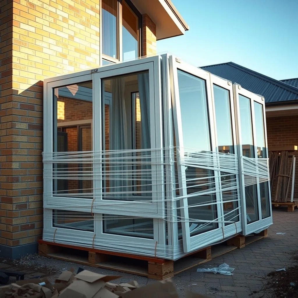 Aluminium window frames stacked on a pallet outside a house under construction
