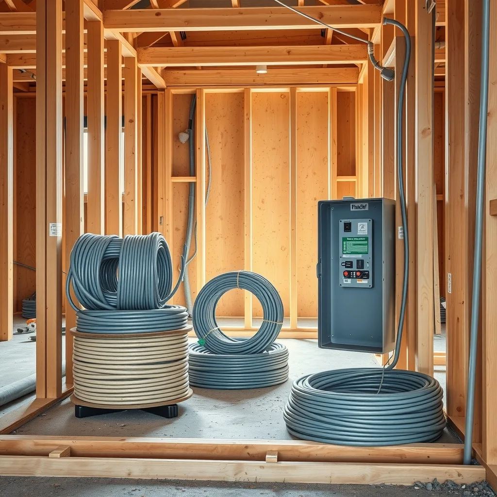 Cable reels, conduit and a switchboard enclosure sitting inside a timber-framed house under construction