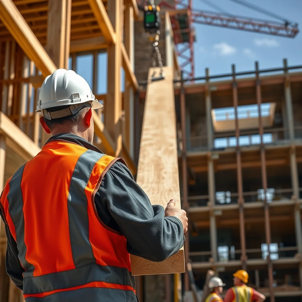 A carpenter guiding a large engineered timber beam into position on a construction site