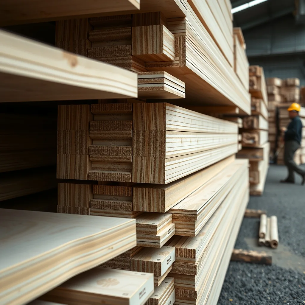 Stacked engineered laminated panels and beams showing glue lines in a materials yard