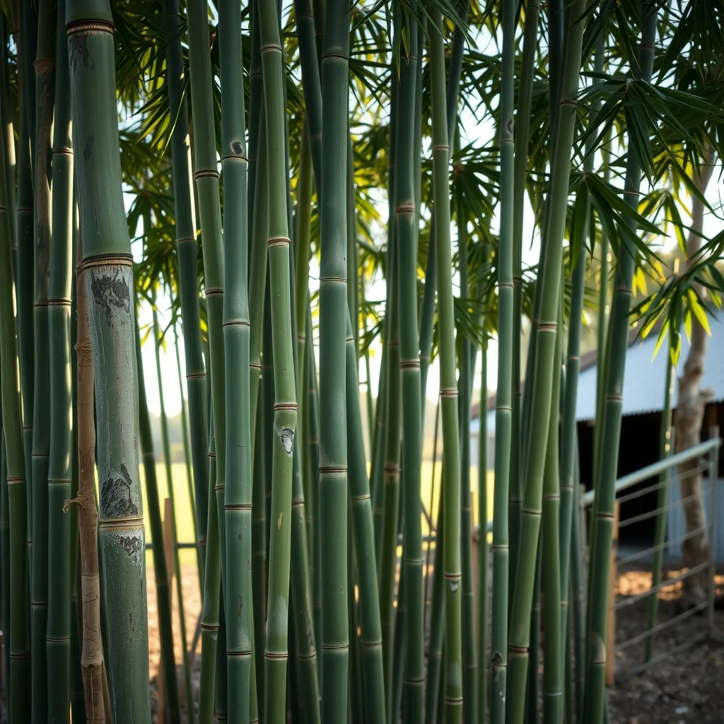 Tall mature bamboo culms growing in a plantation on an Australian farm at sunrise