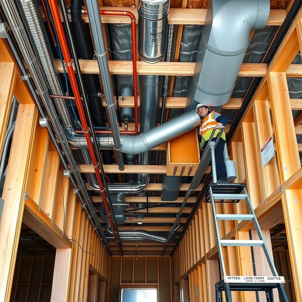 Pipework, cable tray and ductwork crossing in a ceiling void while a worker in hi-vis works overhead