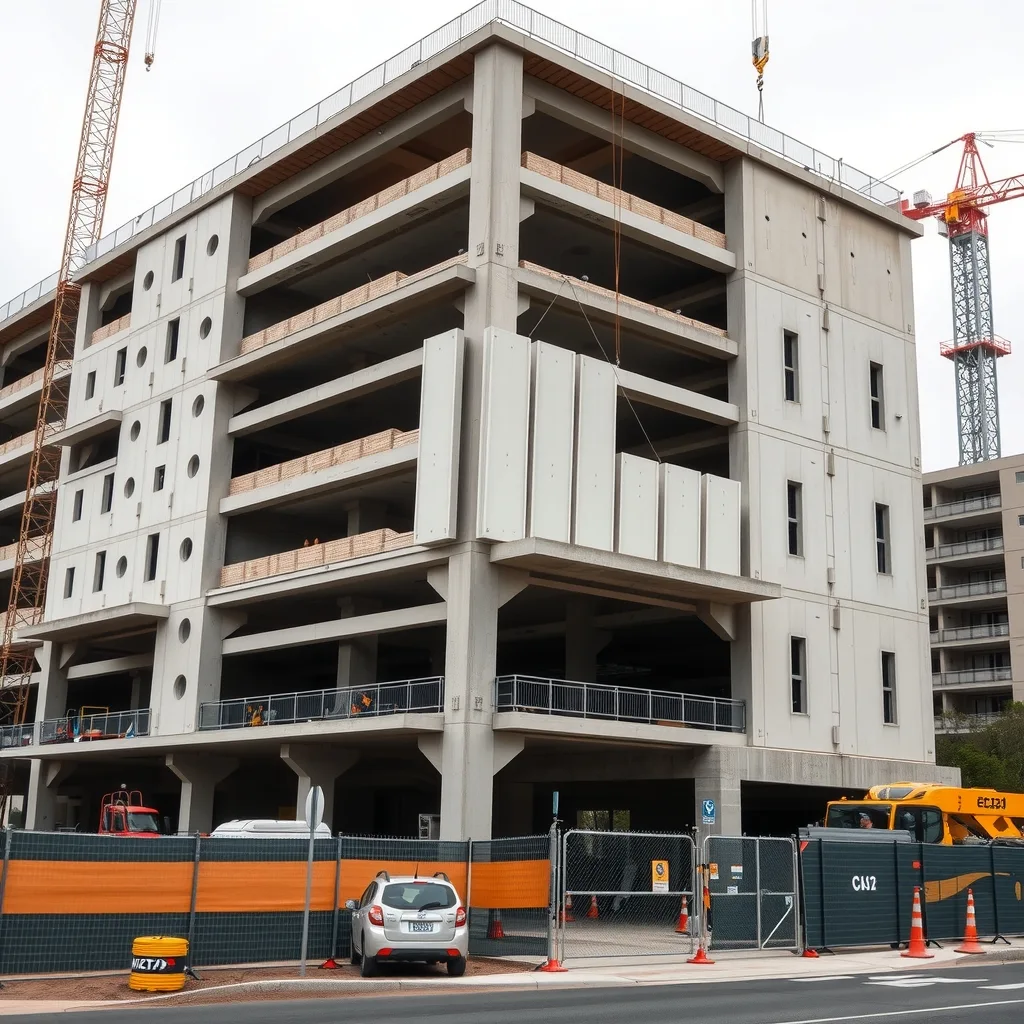 A multi-storey concrete car park under construction with a mobile crane lifting a precast panel