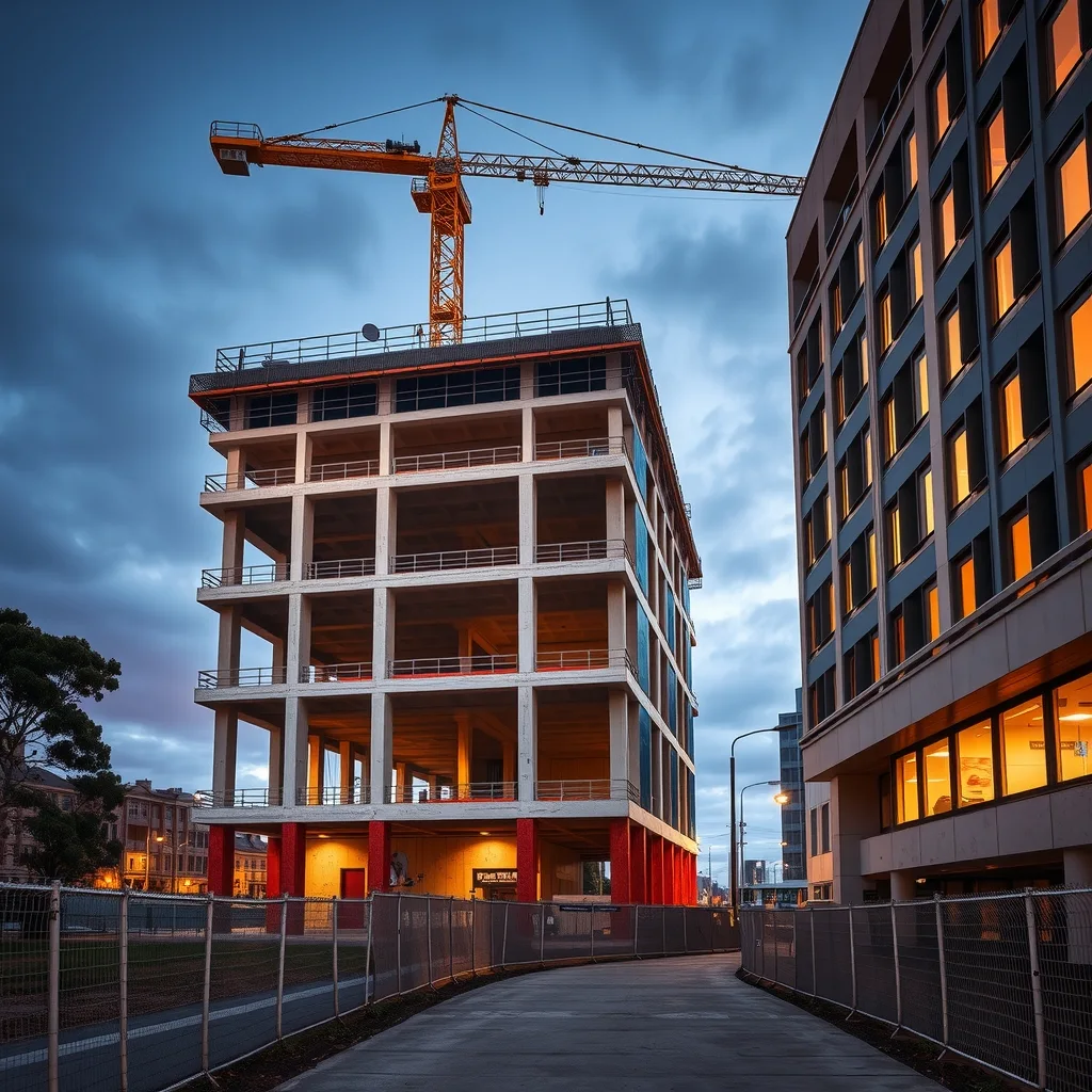 A part-built multi-storey concrete frame with a tower crane above it, next to a lit hospital building at dusk