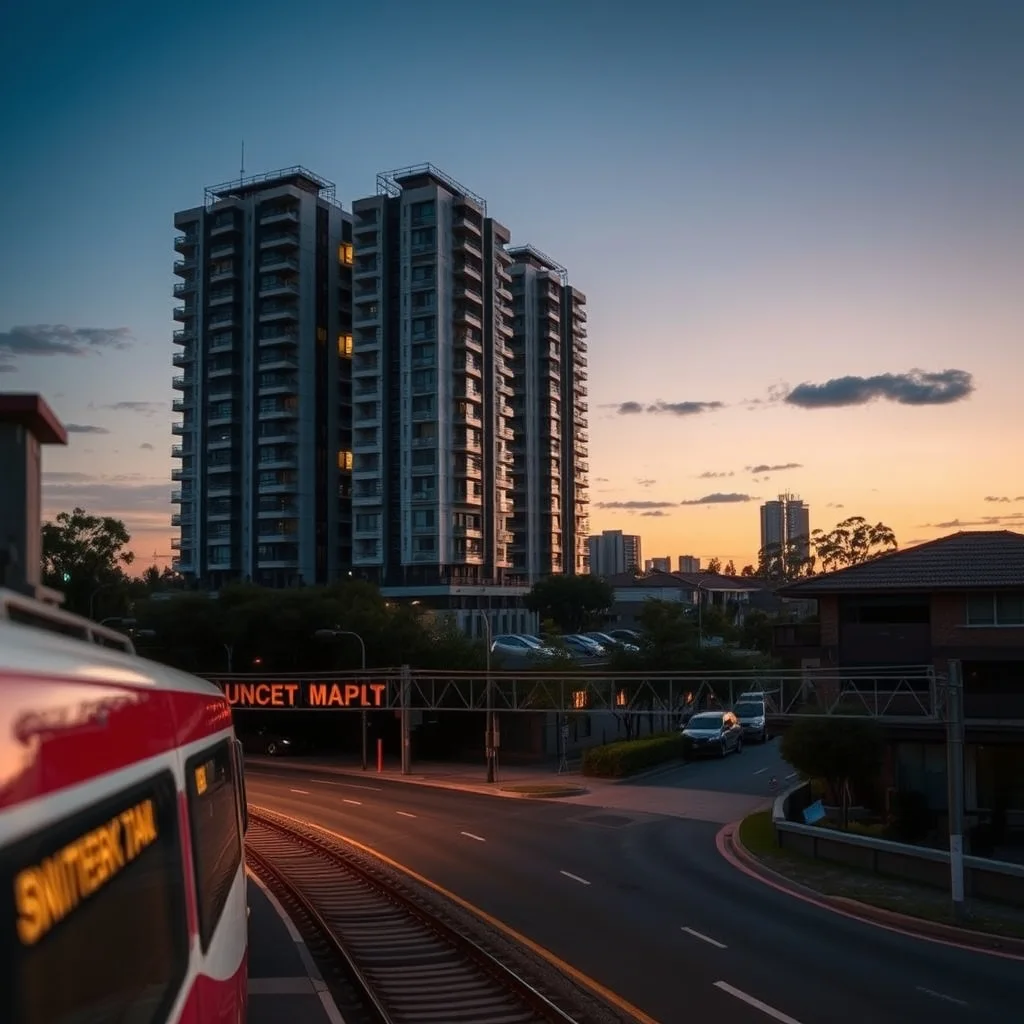 Two modern residential towers under construction above a suburban Perth street, with a train station visible nearby.