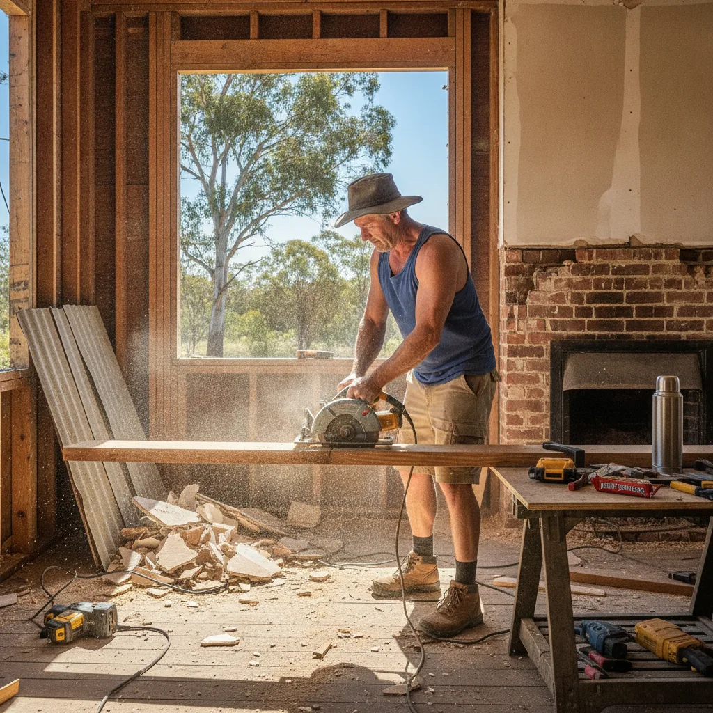 An Australian tradesperson in hi-vis assesses renovation work on an older residential home.