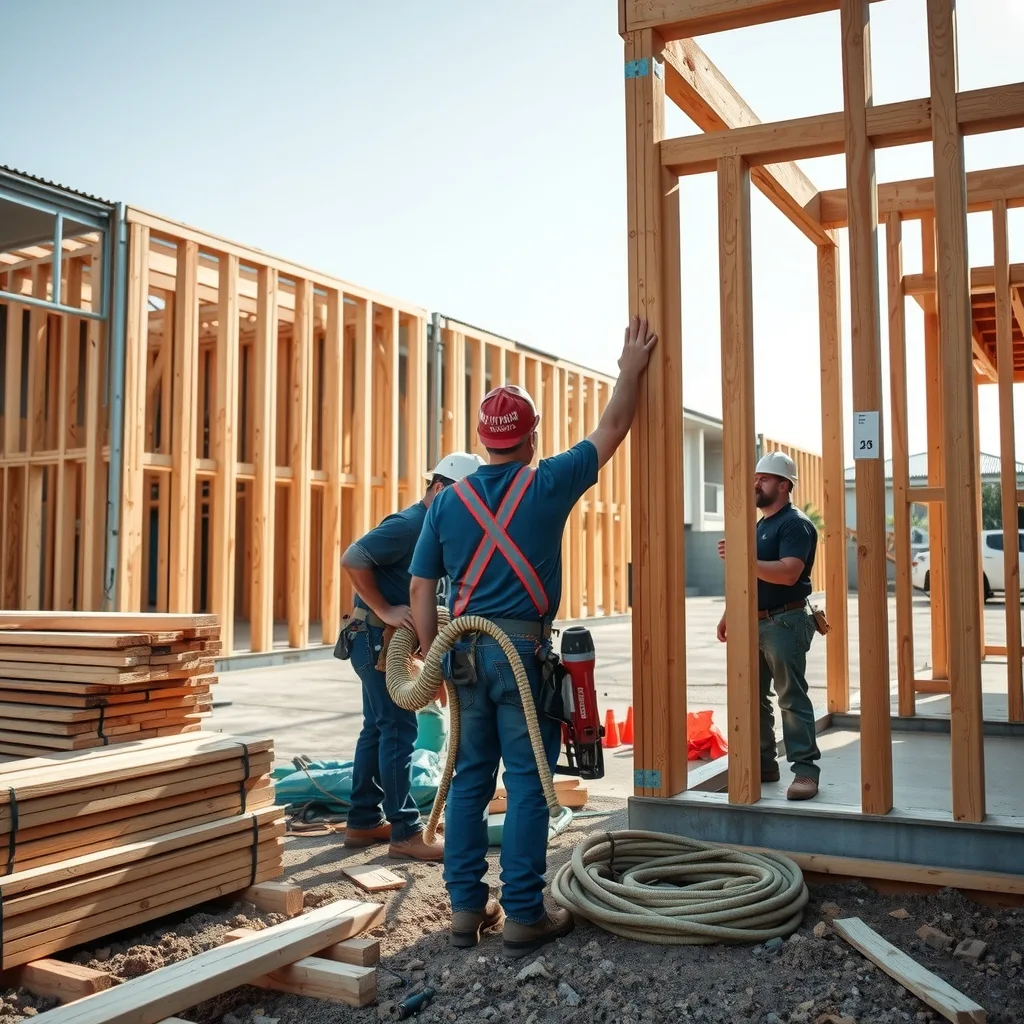 Carpenters standing timber wall frames on a concrete slab at a townhouse site