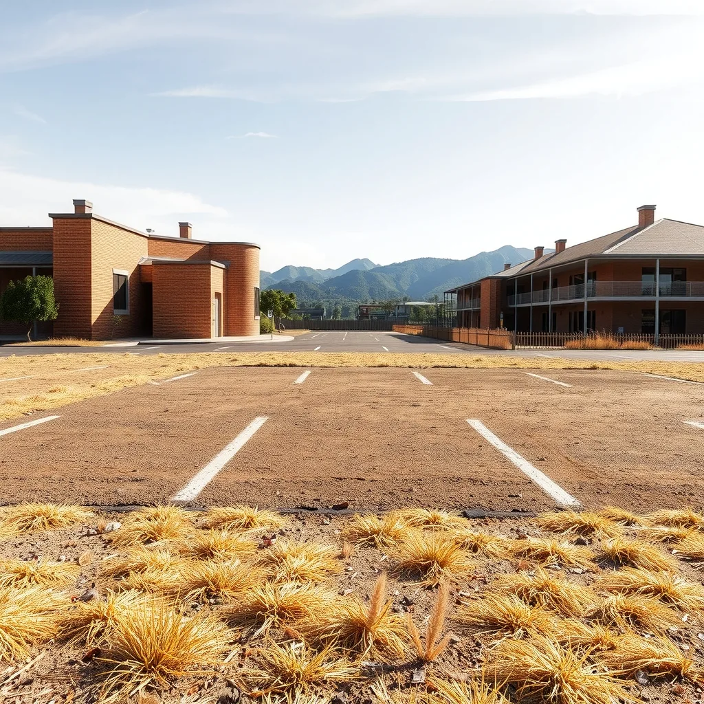 A large vacant suburban site with an old brick civic building and hills behind it