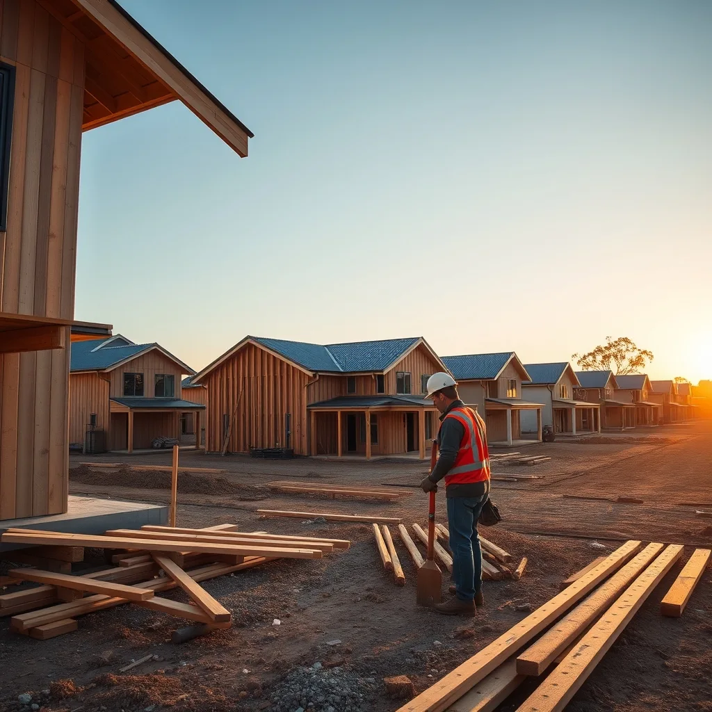 Half-built new houses on a residential construction site in suburban New South Wales at golden hour.