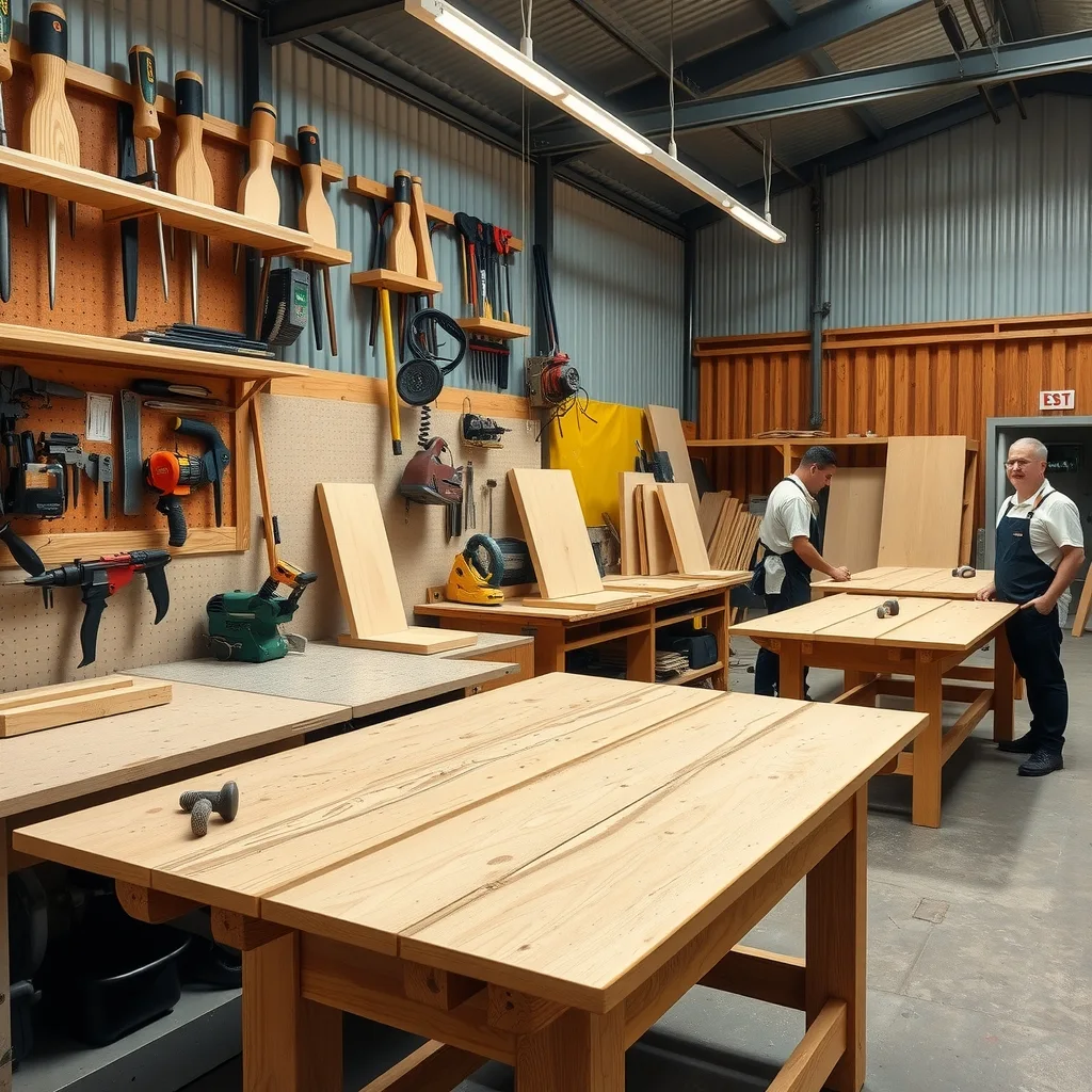 A trade training workshop with workbenches and half-finished timber projects