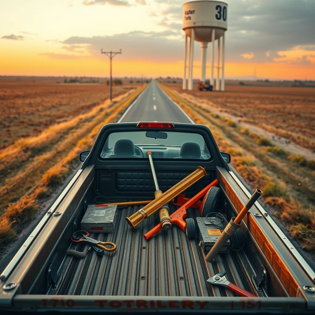 A tradesperson's ute on a regional road at dawn