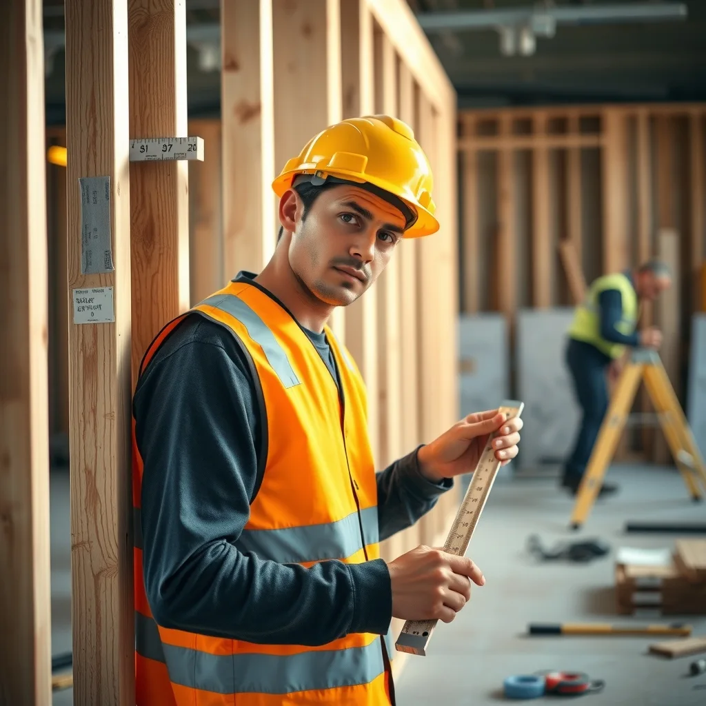 A young apprentice in hi-vis measuring a timber wall frame on a house build site
