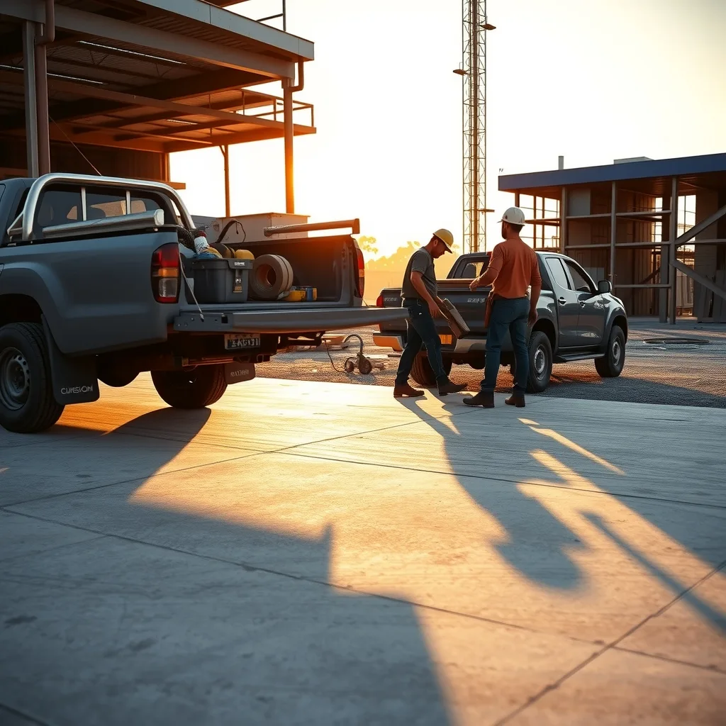 Tradies unloading tools from a ute at sunrise on a building site