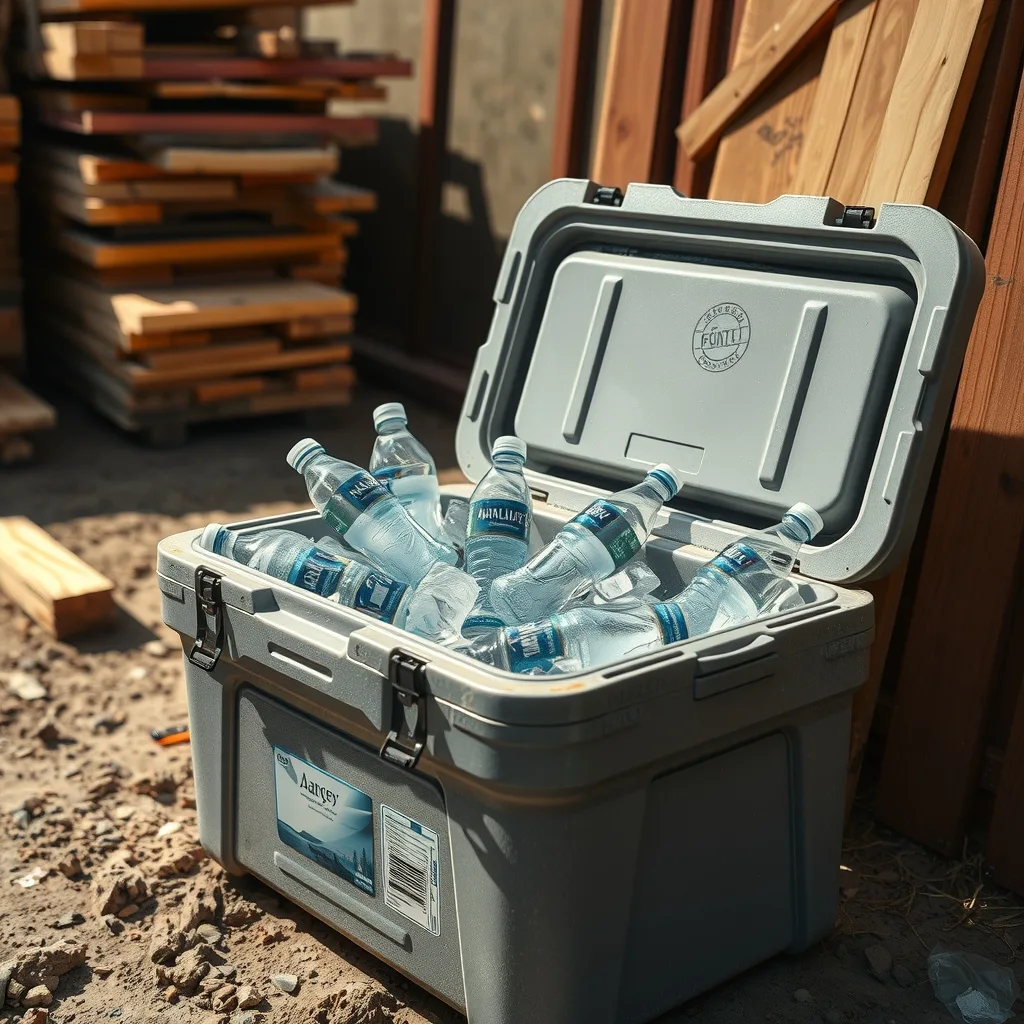 An esky full of frozen water bottles in the shade on a building site