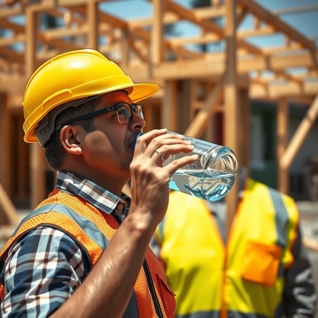 Construction worker in high-vis drinking water in bright sun on a house frame site