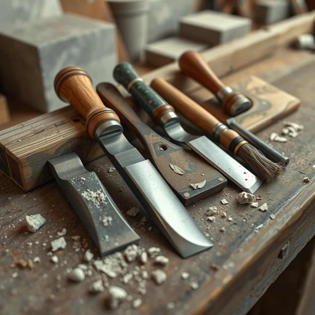 Stonemasonry chisels, a wooden mallet and a brush on a timber workbench