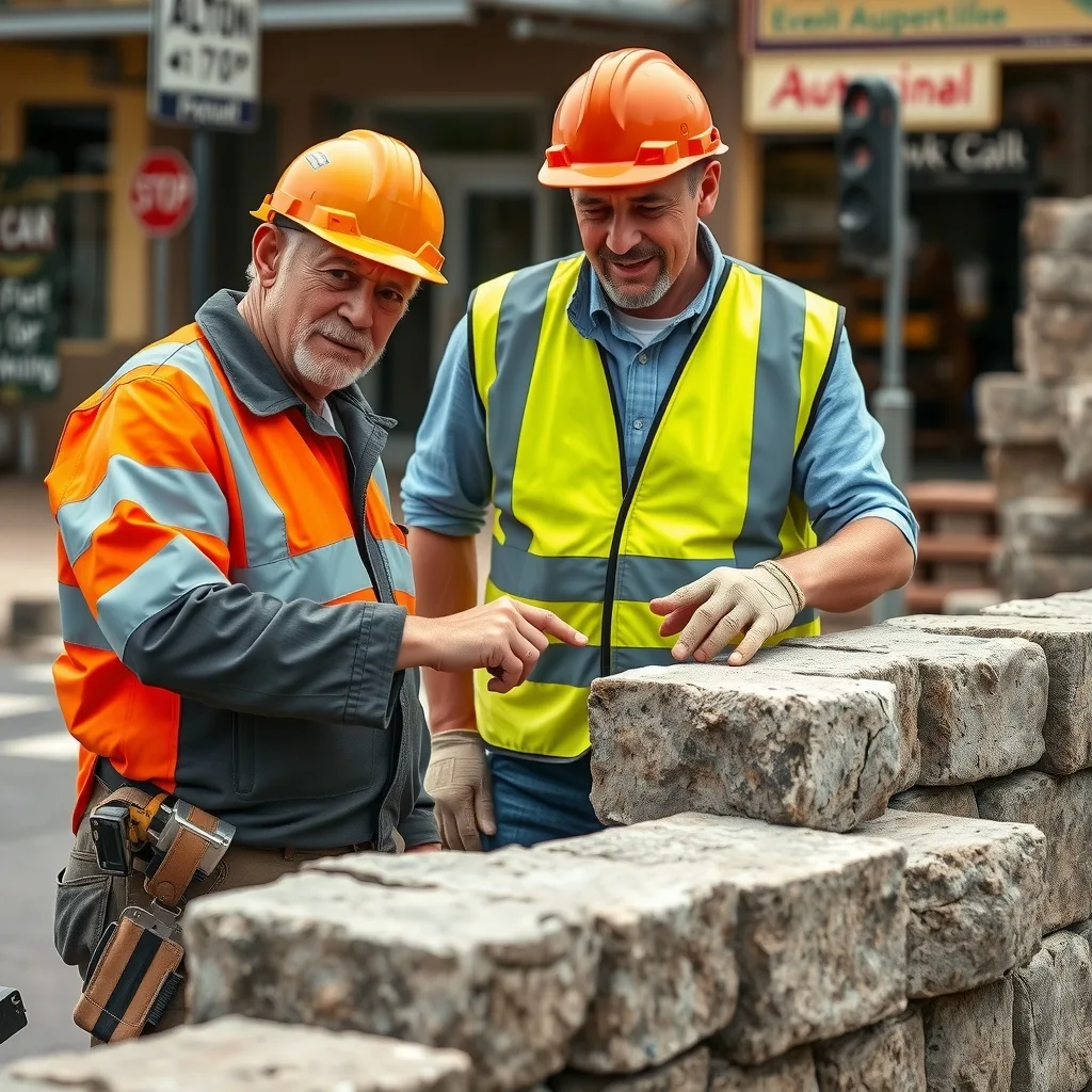 An experienced stonemason showing an apprentice how to work a mortar joint